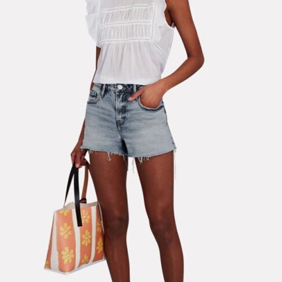 Frame Le Grand Garçon High Rise Distressed Raw Hem Denim Shorts - Picture 1 of 7